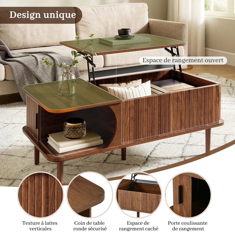 Living Room Coffee Table with Sliding Door & Wooden Legs