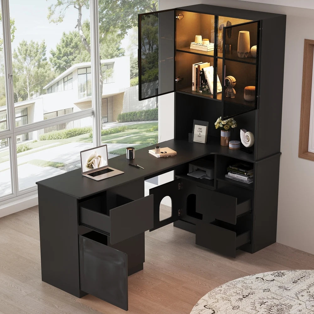 Corner Desk with Shelf and LED Display Cabinet, Desk with Cable Outlet