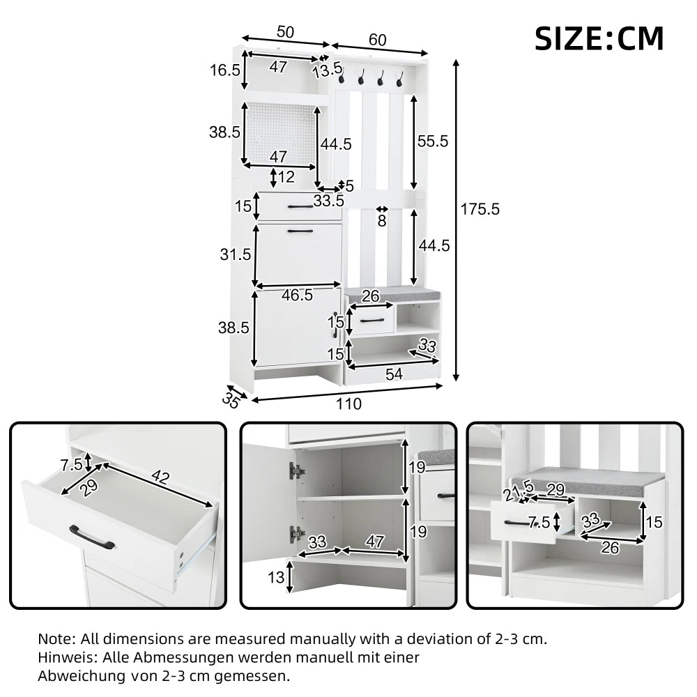 110*35*175.5cm Floor 7-in-1 Clothes Rack with Shoe Bench, Freestanding