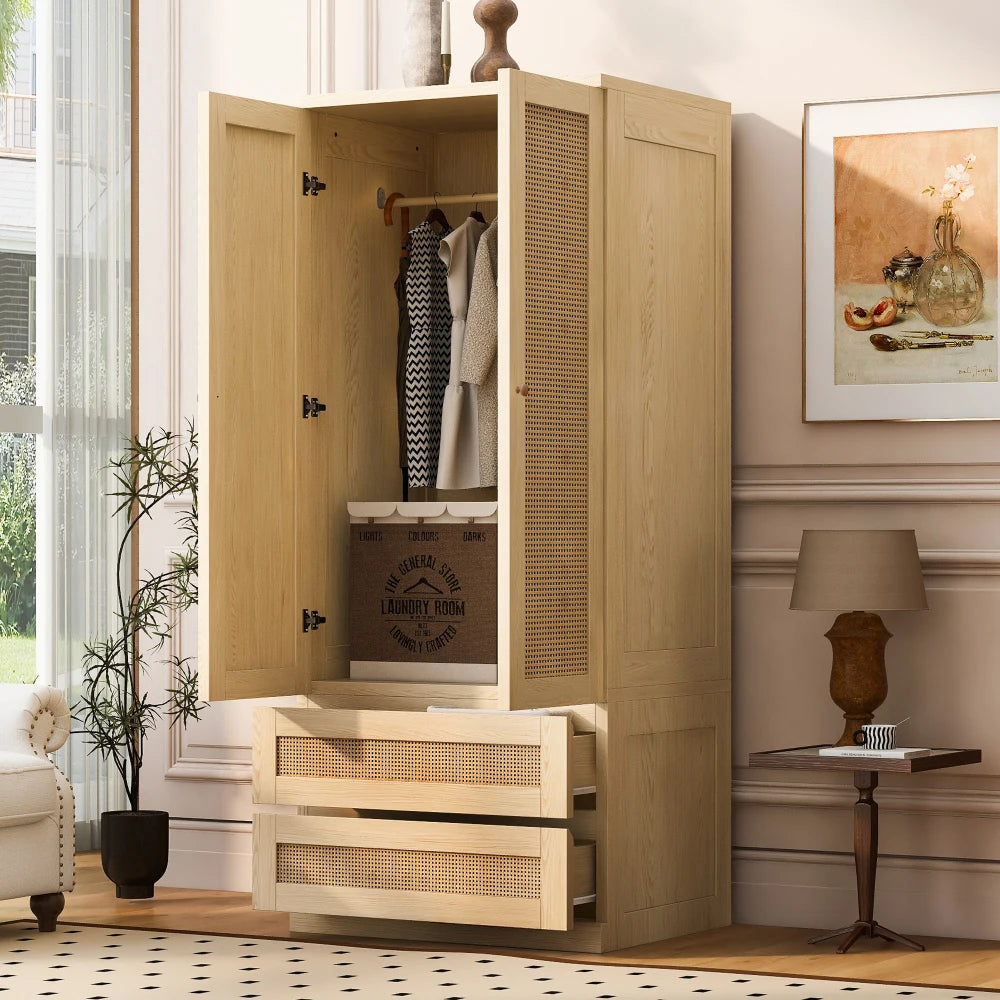 70x55x170cm Double Door Wardrobe with Artificial Rattan Doors