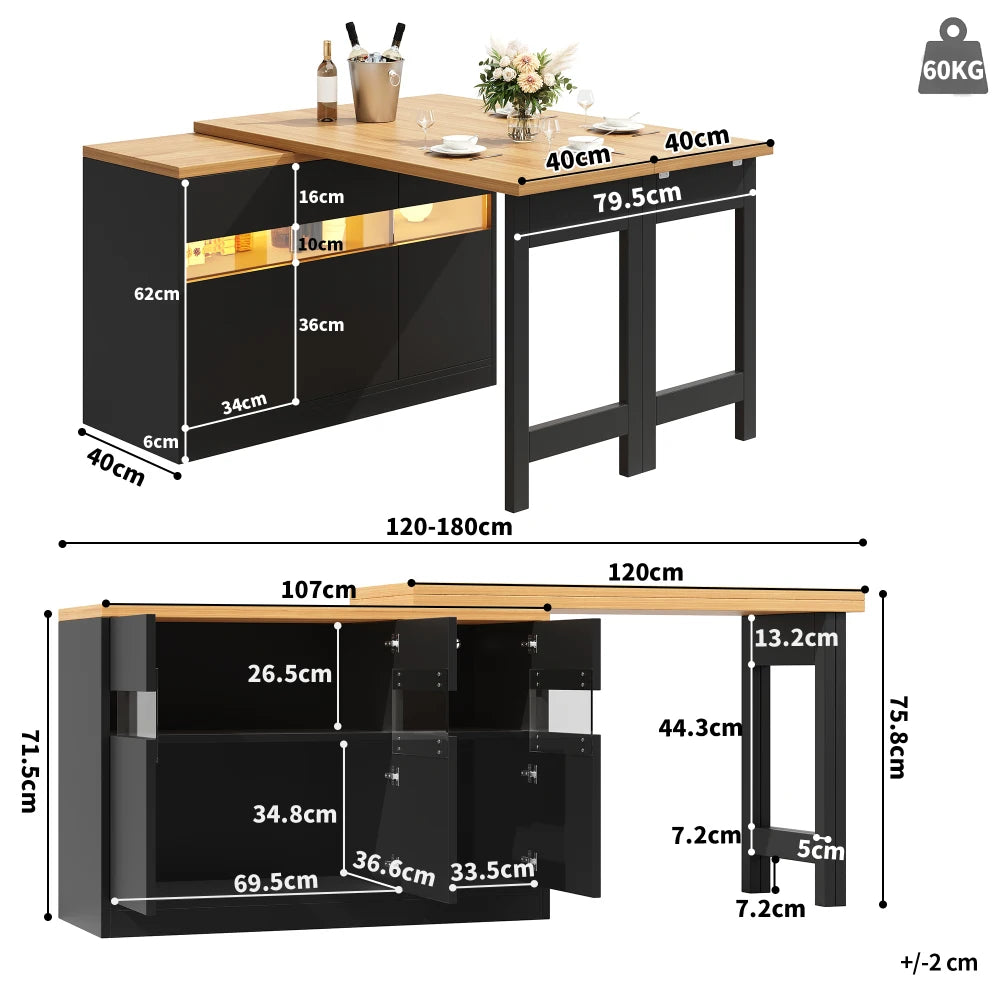 Extendable Bar Table with LED Lighting & 360° Rotation Function