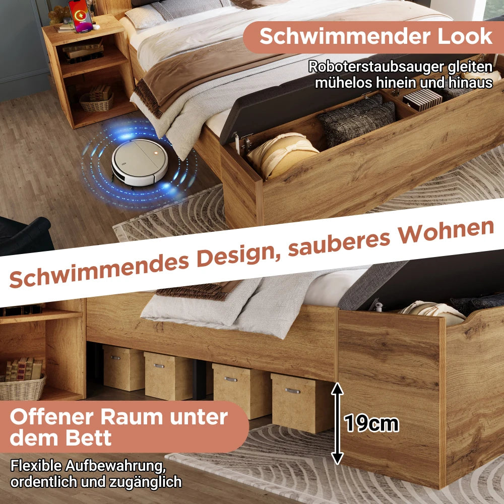 Double Wooden Bed with Folding Headboard, Linen