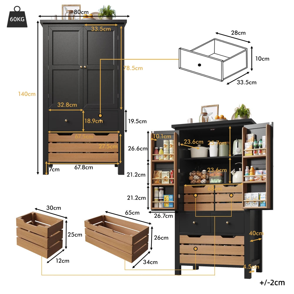 80x40x140cm Kitchen Cabinet, Multi-purpose Buffet, Snack Cabinet