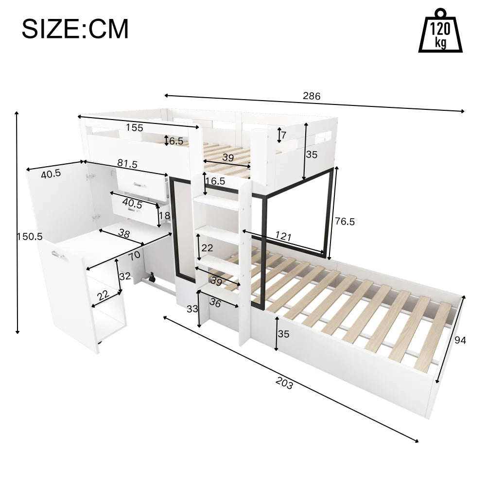 Bunk Bed with Pull-out Desk and Wardrobe, Multifunctional Kid Bed