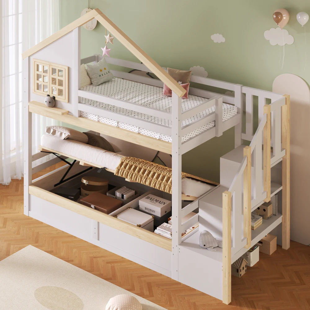 90x200cm & 140x200cm Hydraulic Lift Bunk Bed Frame with Protective Bed Grille Guard