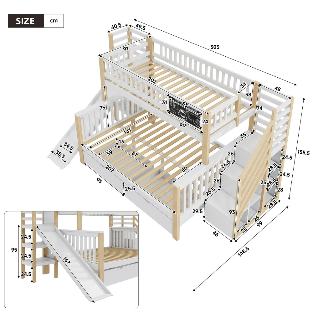 Kids Bed, Bunk Bed, Multifunctional, with Stairs and Storage Cabinets