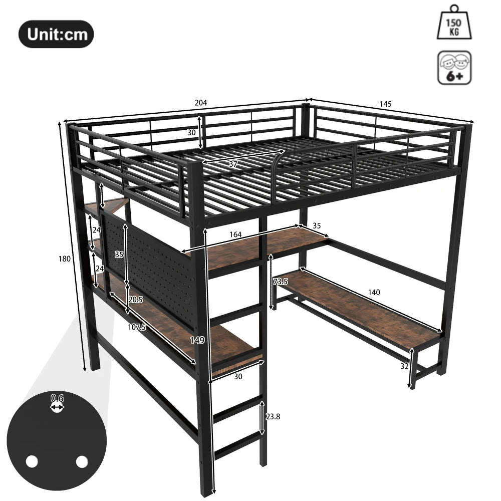 90 X 200cm High Bed, Iron Frame, Desk, Railing, Escalator