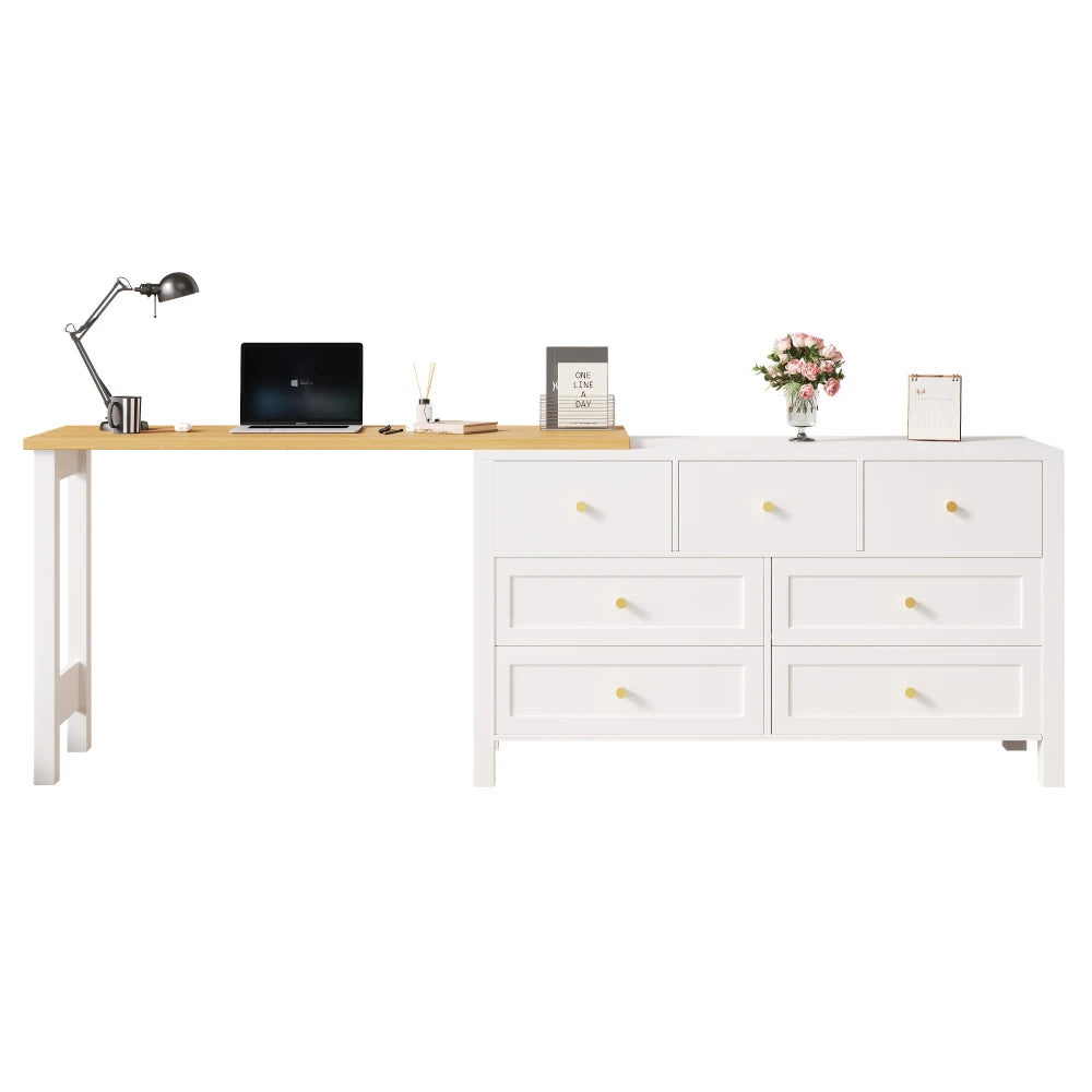 Desk with 7 Drawers Chest of Drawers -2-in-1 Turntable and Sideboard