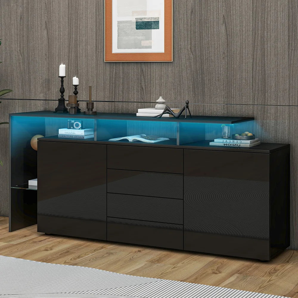 Living Room Sideboard with LED, Living Room Furniture in White High Gloss