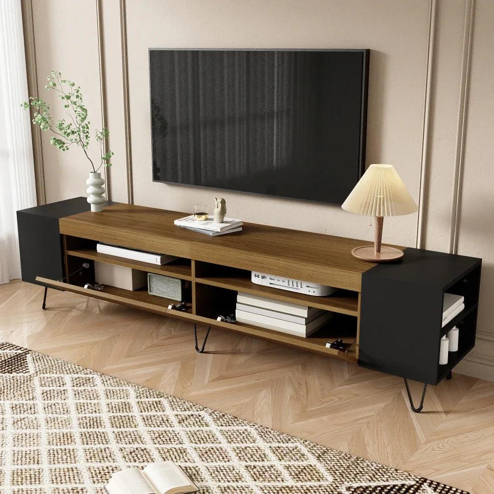 Modern TV Cabinet, Black and Wooden Optics, Length 180 Cm