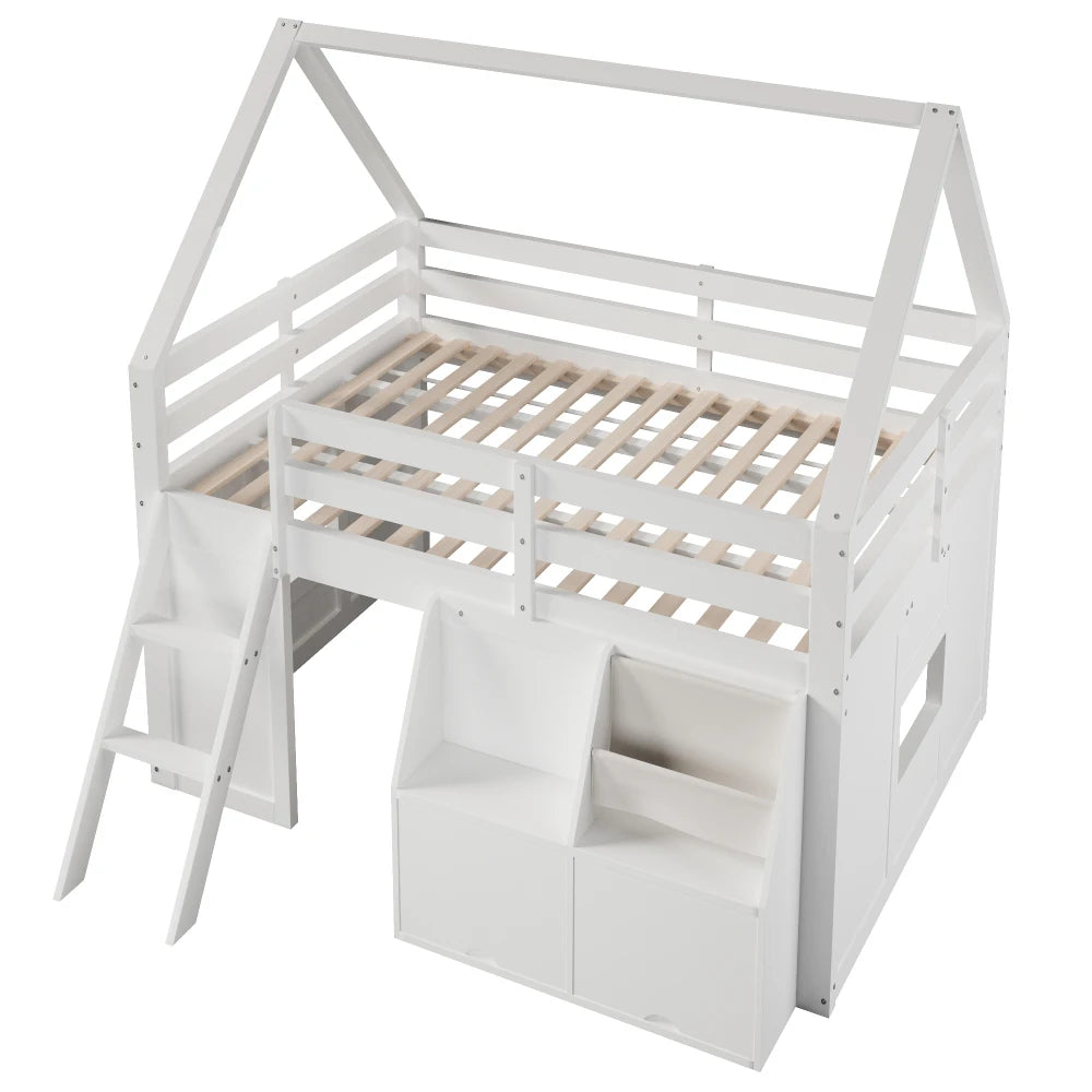 140×200cm White House‑Shaped High Bed Frame with Stairs